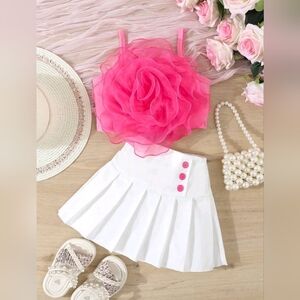 Young Girl 2pcs Pink/White 3d Flower Top With Pleated Mini Skirt